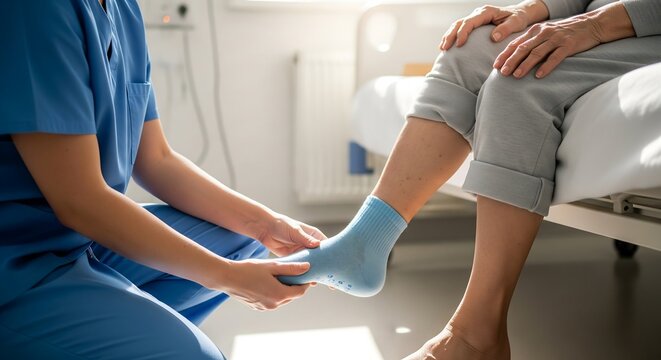 A nurse is carefully applying a blue compression sock to a patient's leg while they sit on a hospital bed.