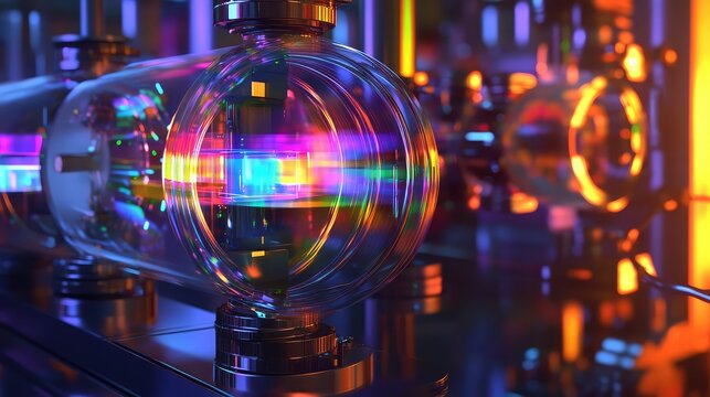 Quantum computer hardware showing vibrant lights and abstract energy beams, representing complex data processing and advanced technological concepts within a scientific research lab
