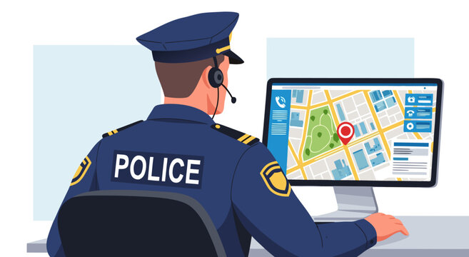 Vector illustration of a police officer at a computer displaying a GPS map, highlighting safety and emergency response