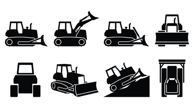 Bulldozer and Tracked Dozer Silhouette Set &mdash; Side, Front, Climbing and Top Views, Isolated Black Vector Icons