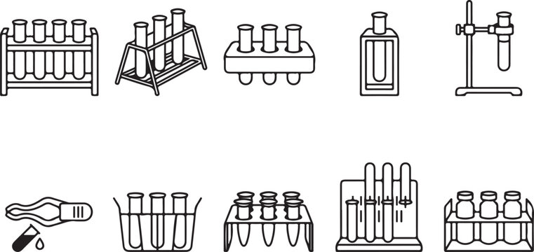 Laboratory equipment set with test tubes racks beakers and stand for science experiments on transparent background.