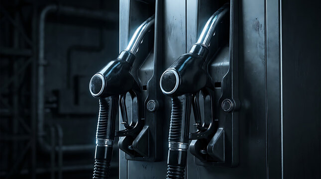 Close up view of two black fuel dispensing nozzles hanging at a gas station showcasing their metallic hoses and textured grips under moody dramatic lighting with a dark industrial