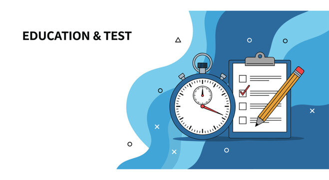 Education and test banner featuring a large stopwatch next to a clipboard with a checklist and pencil over a blue wave background.