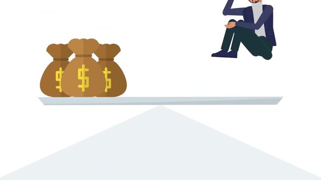 Economic Inequality Concept with Businessman and Money Bags on Unbalanced Scales 2D Animation