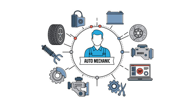 Professional auto mechanic surrounded by technical car part icons including tires, engines, brakes, and diagnostic tools for repair.