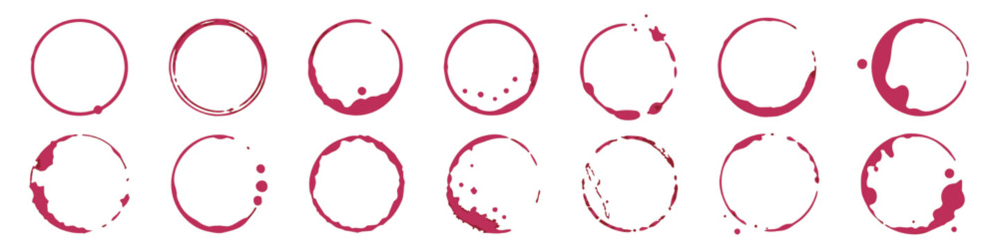 Wine glass stain collection, red and white wine ring marks and drip splatter spots on surface. Organic wet texture, drink spill effect, bar and restaurant design graphic element