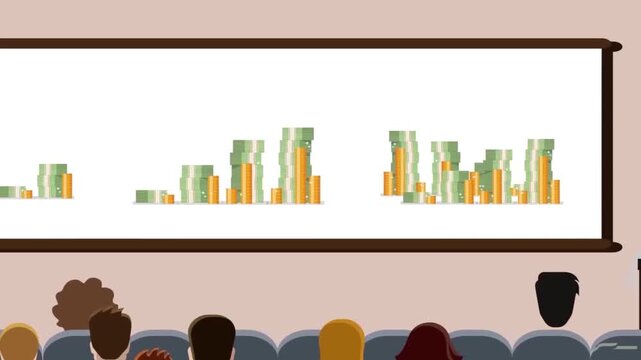 Audience Watching Financial Bar Chart Presentation on Big Screen Business Analytics Concept 2D Animation