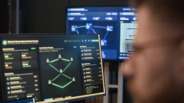 Close up handheld shot of male network engineer analyzing programming codes and software on computers in cybersecurity office