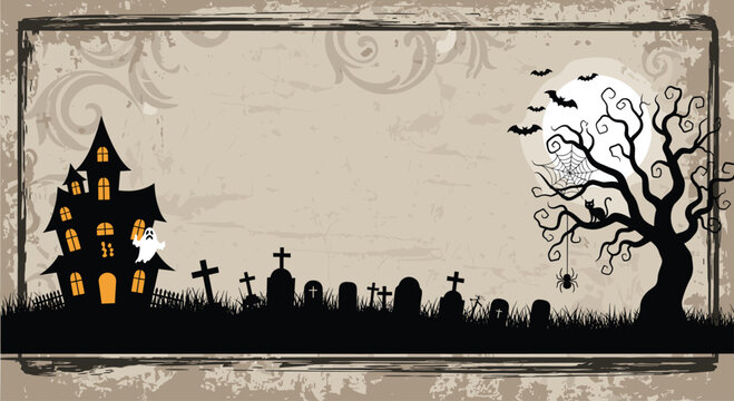 Spooky halloween night scene featuring a haunted house in a graveyard with bats flying under a full moon and black cat on a tree.