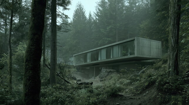 Minimalist concrete house with large windows integrating into the natural environment of a deep, misty forest, offering a quiet retreat and a sense of isolation
