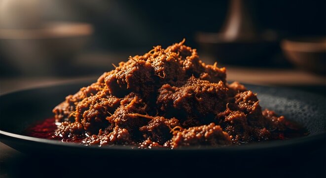 Close-up of a serving of richly flavored slow-cooked beef rendang on a dark plate, a traditional Indonesian dish