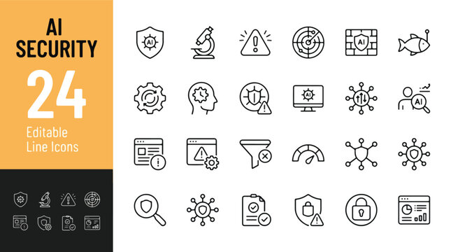 AI security icon set. Editable line icons. Vector illustration. Artificial intelligence safety, cyber protection, network firewall, phishing detection, data privacy, and digital system monitoring.
