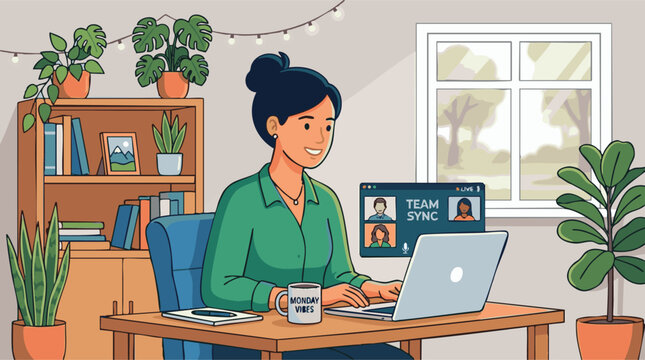 Young woman working from home having a online video conference with colleagues on laptop flat vector illustration.