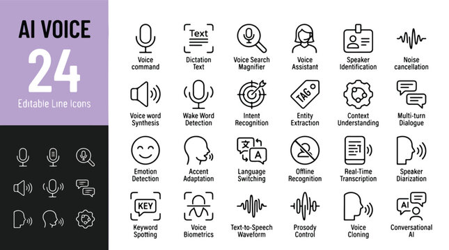 AI Voice icon set. Speech recognition, natural language processing, and voice assistant features. Editable line icons for mobile apps and web design. Vector illustration of smart audio technology.
