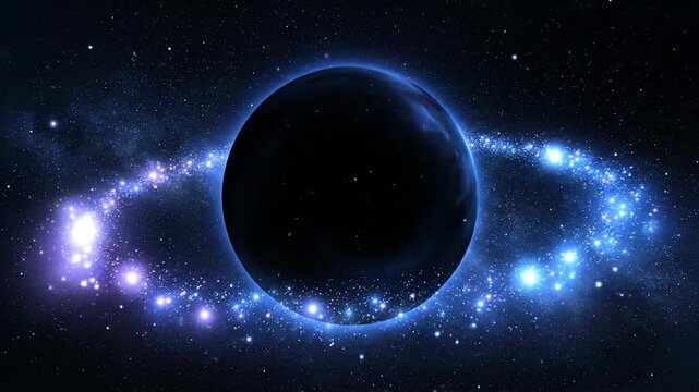 A cosmic black hole is surrounded by a glowing ring of light and stars in deep space, creating a mesmerizing celestial