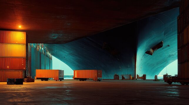 Cargo terminal at night with stacked intermodal containers and cranes lit in blue and orange, showcasing bustling maritime logistics, freight handling and global trade operations