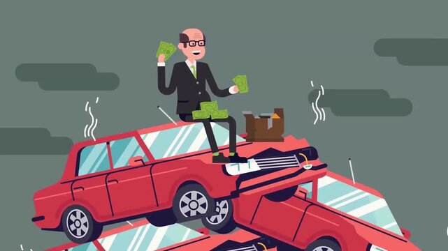 Rich Man with Money Bags Sitting on Top of Piled Wrecked Cars Financial Power or Greed Concept 2D Animation