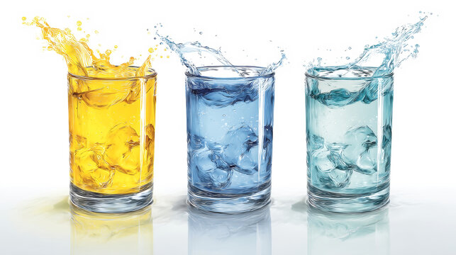 Three glasses filled with ice and colorful drinks show splashes. This scene captures a fun moment at a lively gathering during the daytime