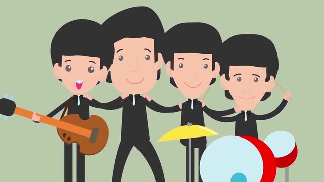 Group of Young Male Musicians Playing Guitar and Drums Band Performance and Music Concept 2D Animation