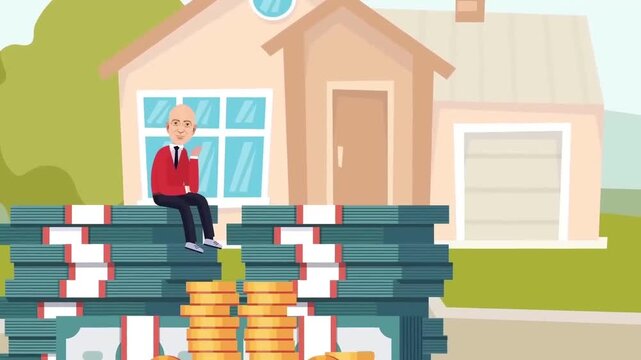 Elderly Man Sitting on Large Stacks of Money in Front of House Retirement and Wealth Concept 2D Animation