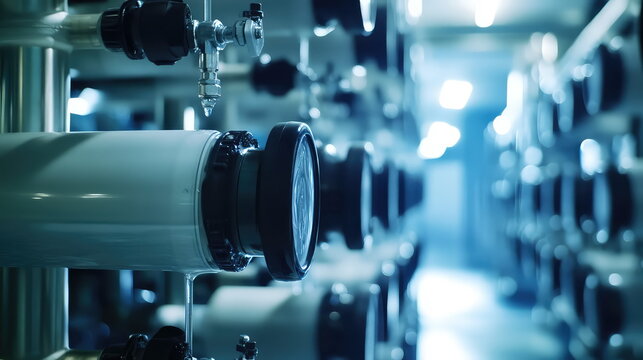 Industrial water treatment system featuring numerous filtration membranes and pipes, ensuring clean water production for various applications and processes