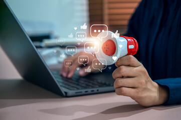 Social media marketing concept with megaphone and digital interaction icons. Audience engagement,...