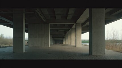 Fototapeta premium Concrete underpass creating an urban architecture with geometric shapes and strong lines, providing a perspective of depth and industrial design elements alongside a green landscape