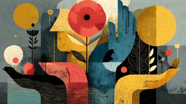 Metaphorical peace and healing narrative, flat Memphis-boho hybrid illustration, abstract broken shapes gradually transforming into flowers, birds and calming patterns around children silhouettes