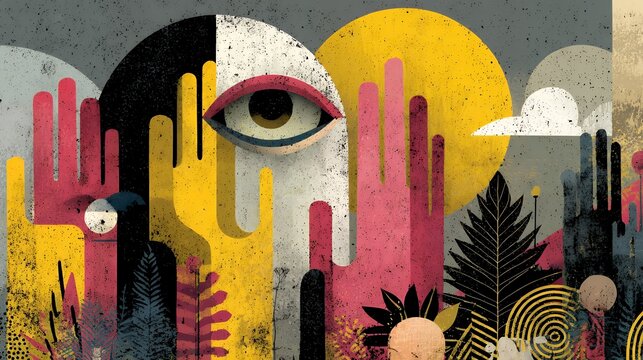 Conceptual innocence and protection, flat illustration combining Memphis retro geometry with boho decorative elements, abstract hands forming a protective space around minimalist child figures