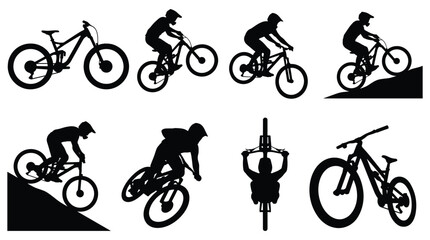 Fototapeta premium Mountain Bike Rider Action Silhouette Set — Downhill, Jump, Trick and Multiple Poses, Isolated Black Vector Icons