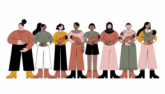 A diverse group of eight adults stand side by side, some holding babies. They differ in skin tone, clothing, and appearance one wears a headscarf, another has tattoos symbolizing inclusive.