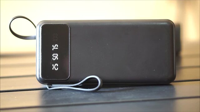Digital power bank charging with the battery indicator displaying 75 percent capacity on the LED screen.