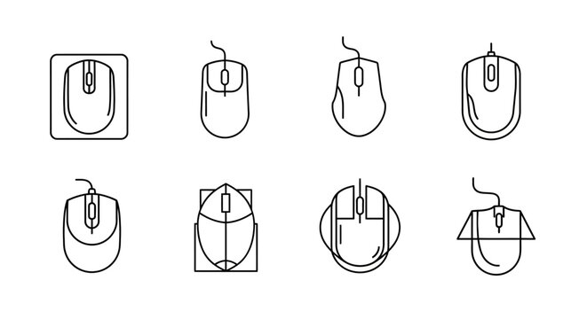 Set of eight computer mouse line icons for user interface design