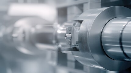 Fototapeta premium Industrial equipment detail featuring highly polished metal parts, highlighting advanced manufacturing technology, engineering, and the smooth surfaces of mechanical components in motion