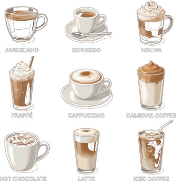 "Coffee Drink Vector Illustration Set with Americano, Espresso, Mocha, Frapp&eacute;, Cappuccino, Dalgona Coffee, Hot Chocolate, Latte, and Iced Coffee for Cafes and Menus"