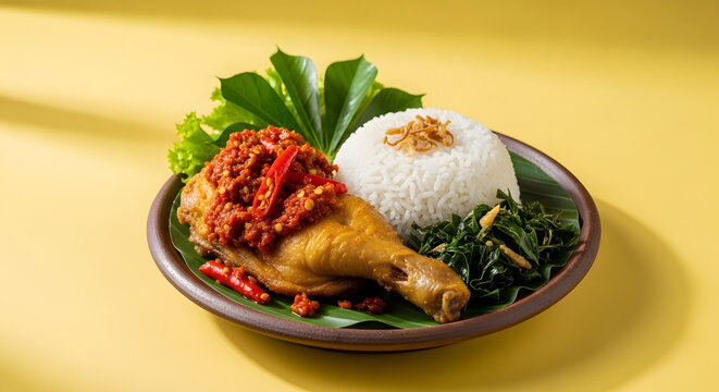 Nasi ayam goreng pedas dengan sambal merah merona dan sayur singkong tradisional disajikan di atas daun pisang otentik