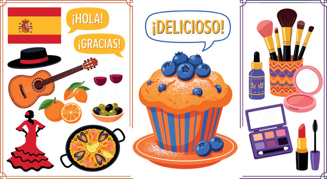 "Colorful Vector Illustration Set Featuring Spanish Culture Symbols, Flamenco and Paella, Delicious Blueberry Muffin Dessert, and Makeup Tools for Beauty and Food Design"