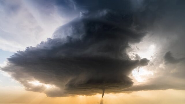 Tornado beneath a spinning supercell storm dramatic weather