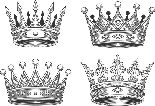 Vintage royal crown engraving collection vector, ornate king and queen monarchy illustration