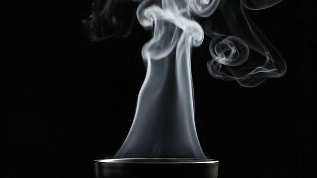 A thin wisp of white steam rises from a dark container against a black background