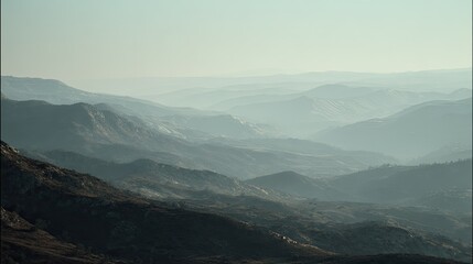 Fototapeta premium Hazy mountain ranges create a layered landscape disappearing into a pale blue sky, with rolling hills and distant peaks partially obscured by atmospheric perspective