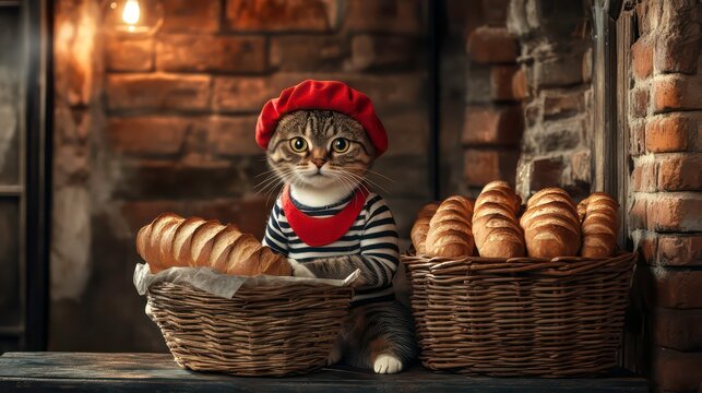 Whimsical portrait of a cat dressed in a red beret and striped shirt sitting beside a basket filled with freshly baked baguettes in a cozy rustic Parisian inspired interior setting with brick walls