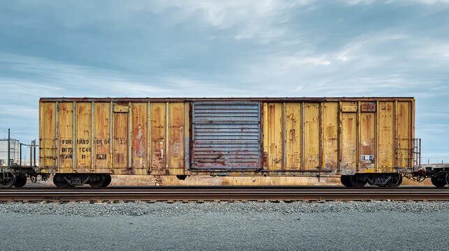 Abandoned vintage cargo boxcar standing on railway tracks, displaying weathered yellow paint and rust, symbolizing industrial decay, transportation history, and timeless journey