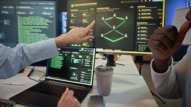 Zoom out shot of two diverse system managers analyzing network data on computers while sitting at desk in modern office