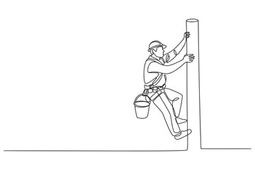 Fototapeta premium One line drawing of a lineman climbing a utility pole with line art climbing illustration construction electricity industry activity minimalist abstract simplicity background isolated