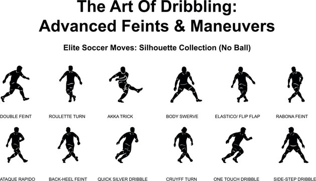 Elite Soccer Dribbling Skills and Feints Silhouette Set: Professional Player Maneuvers Collection