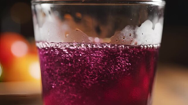 Pouring fizzy purple drink into a glass with bubbles.