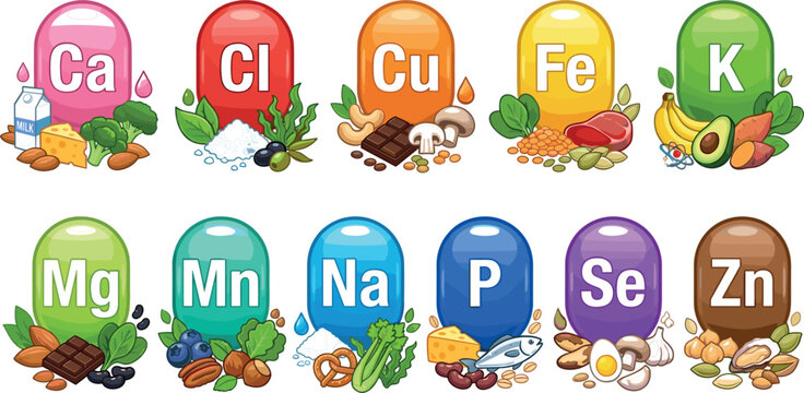 Educational Mineral Vector Set with Colorful Icons Representing Calcium, Iron, Potassium, Magnesium, Zinc, and Other Nutrients with Foods