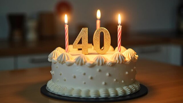 birthday cake with gold candles 40th birthday fortieth 40 forty neutral background gold number lit candles 
