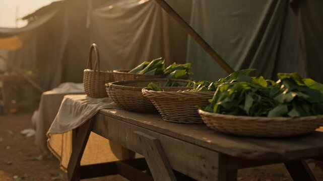 Abundant Baskets of Freshly Harvested Leafy Green Vegetables and Produce Displayed at a Traditional
